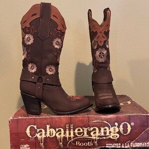 Chocolate and Caramel Embroidered leather Heeled Boots